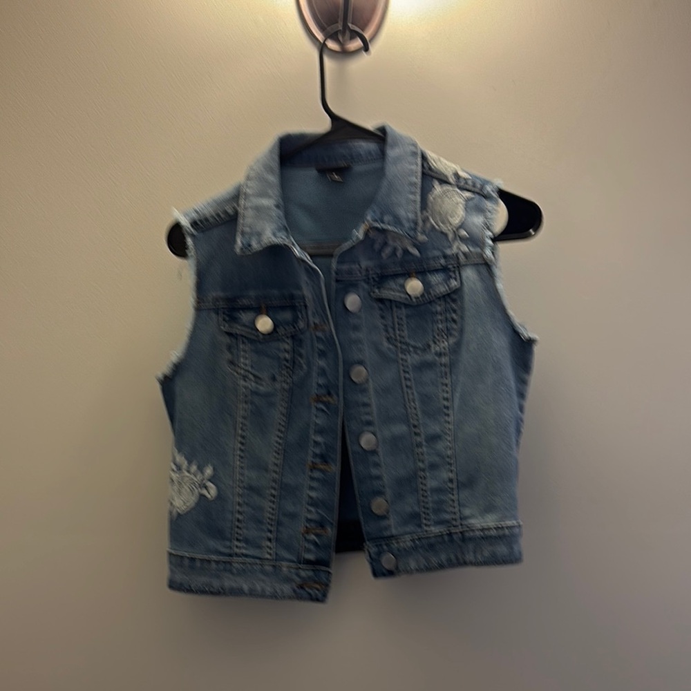 Women Floral Denim Vest with Embroidered Details